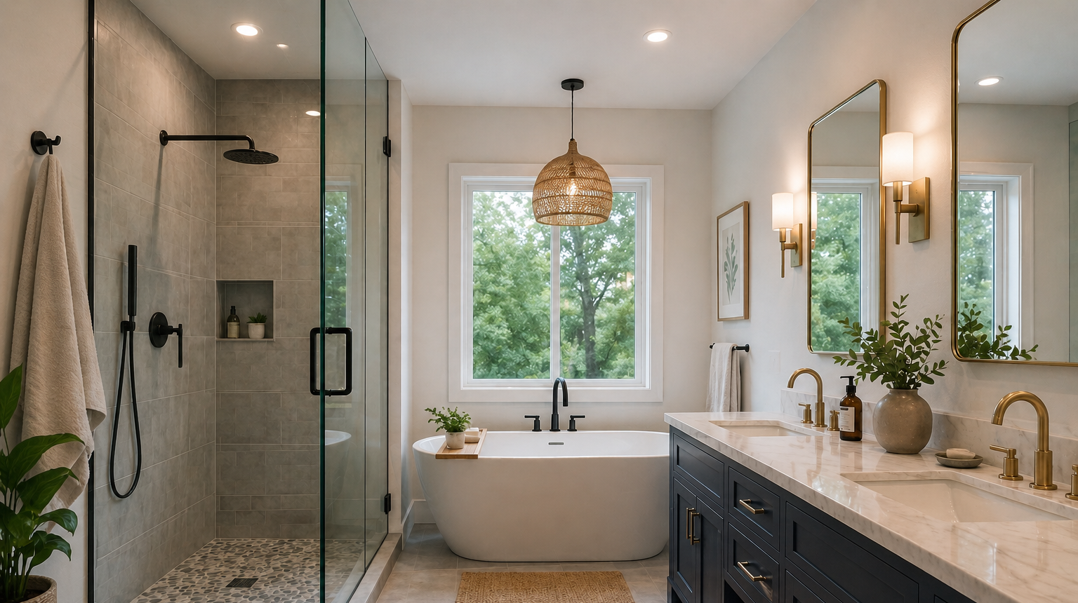 Luxurious master bathroom wet room featuring a marble shower, oval soaking tub, and a large window.